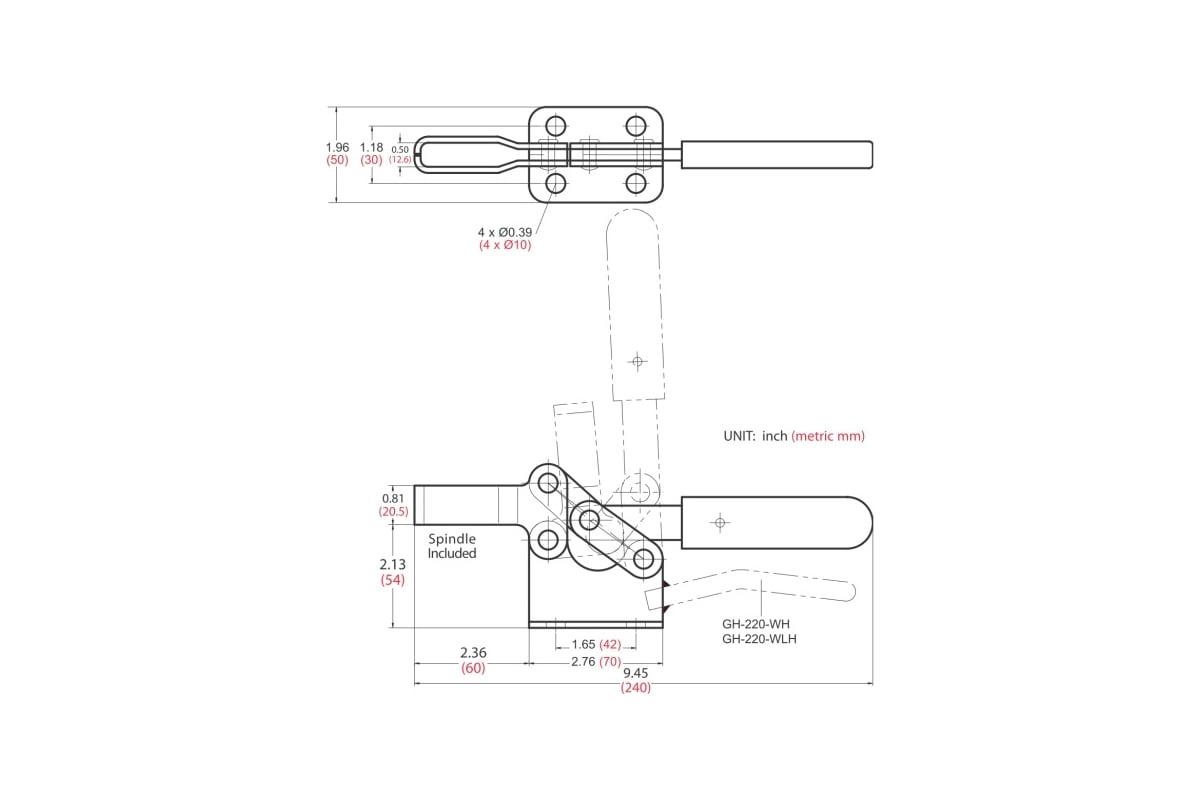 Механический зажим с горизонтальной ручкой, усилие 400кг WOODWORK GH-200-W