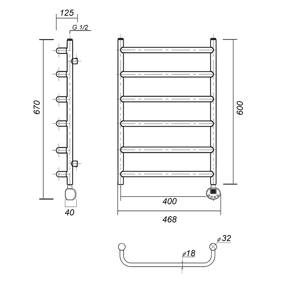 Полотенцесушитель электрический Domoterm Стефано П6 400x600 ER, ТЭН справа, хром