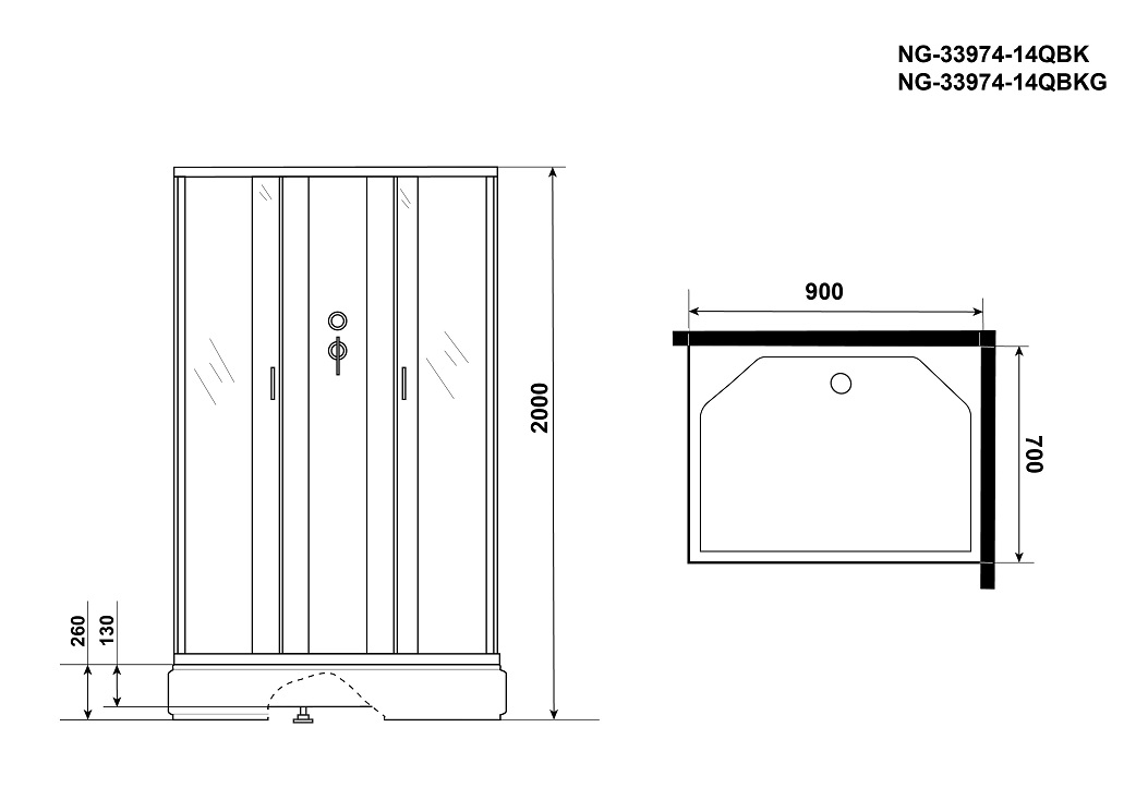 Душевая кабина Niagara NG 33974-14QBKG 90x70 стекло матовое, без крыши, гидромассаж