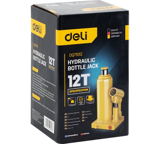 Домкрат бутылочный гидравлический 12т DQ71012 (высота подъема 235-470мм) Deli 130445