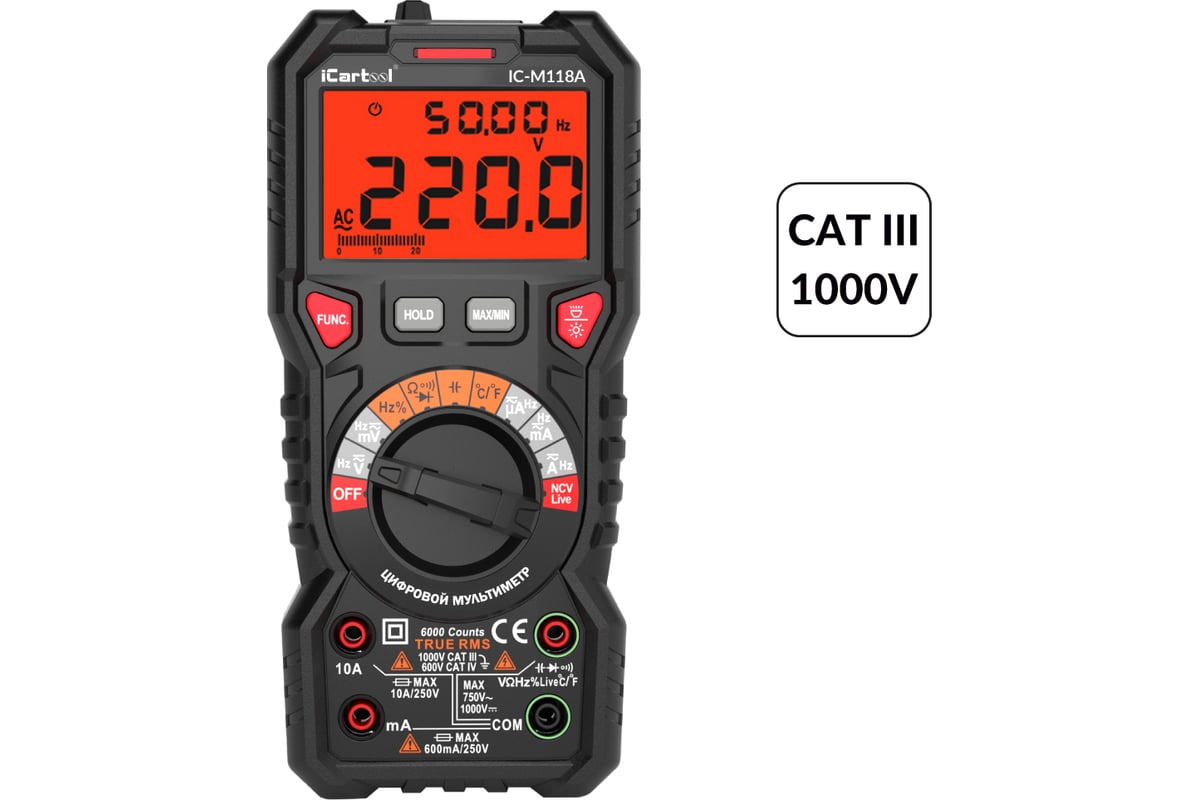 Цифровой мультиметр iCartool CATIII 1000V, СATIV 600V, TrueRMS, AC/DC IC-M118A