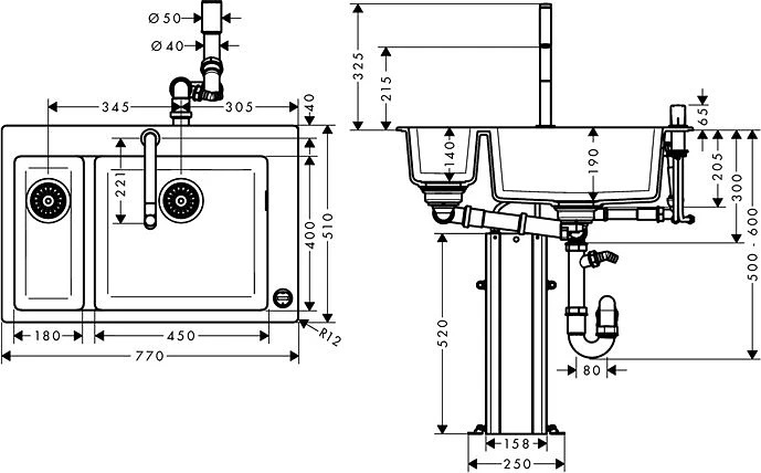 Кухонная мойка Hansgrohe C51-F635-09 77 см со встроен. смесителем, черный/хром