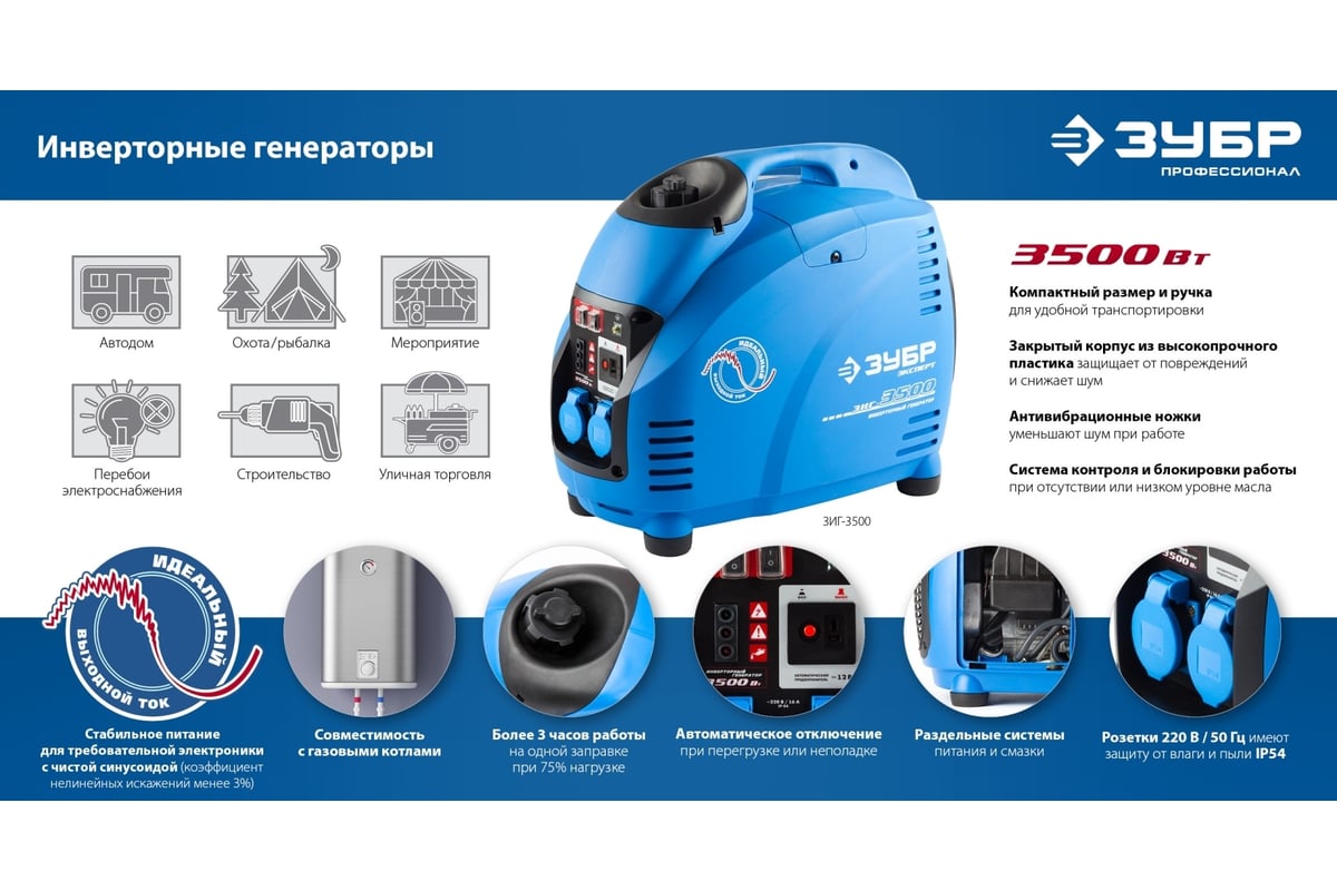 Инверторный генератор Зубр Профессионал 3500 Вт ЗИГ-3500