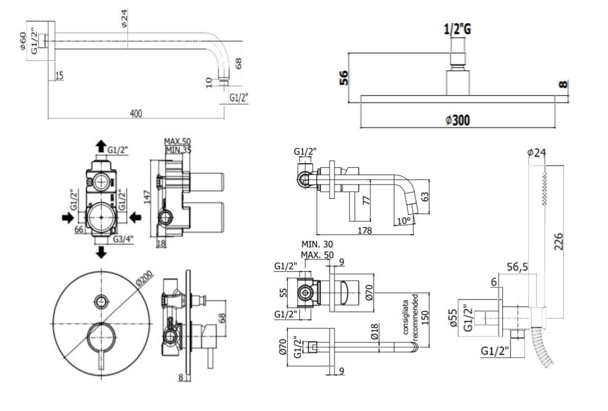 Душевой набор Paffoni Light KITLIG015HGSP006KING душ 30 см, брашированное медовое золото