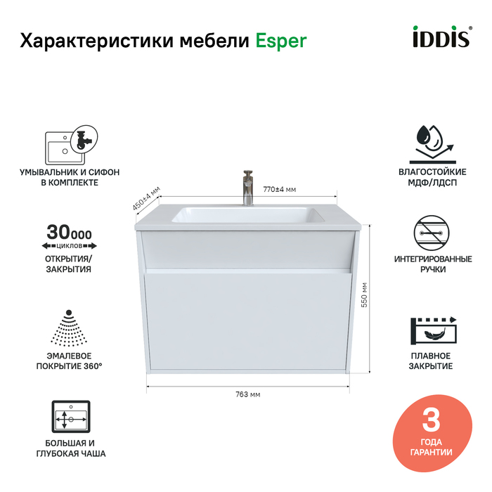 Тумба с раковиной Iddis Esper 80 см подвесная с ящиками ESP80W0i95K, белый