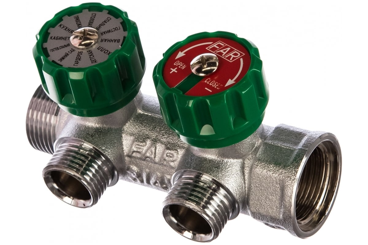 Регулирующий коллектор FAR 3/4" (ВР-НР) с 2 отв. 1/2" НР (заглушка для коллектора FK 4150 34 в комплекте) FK 3821 341241