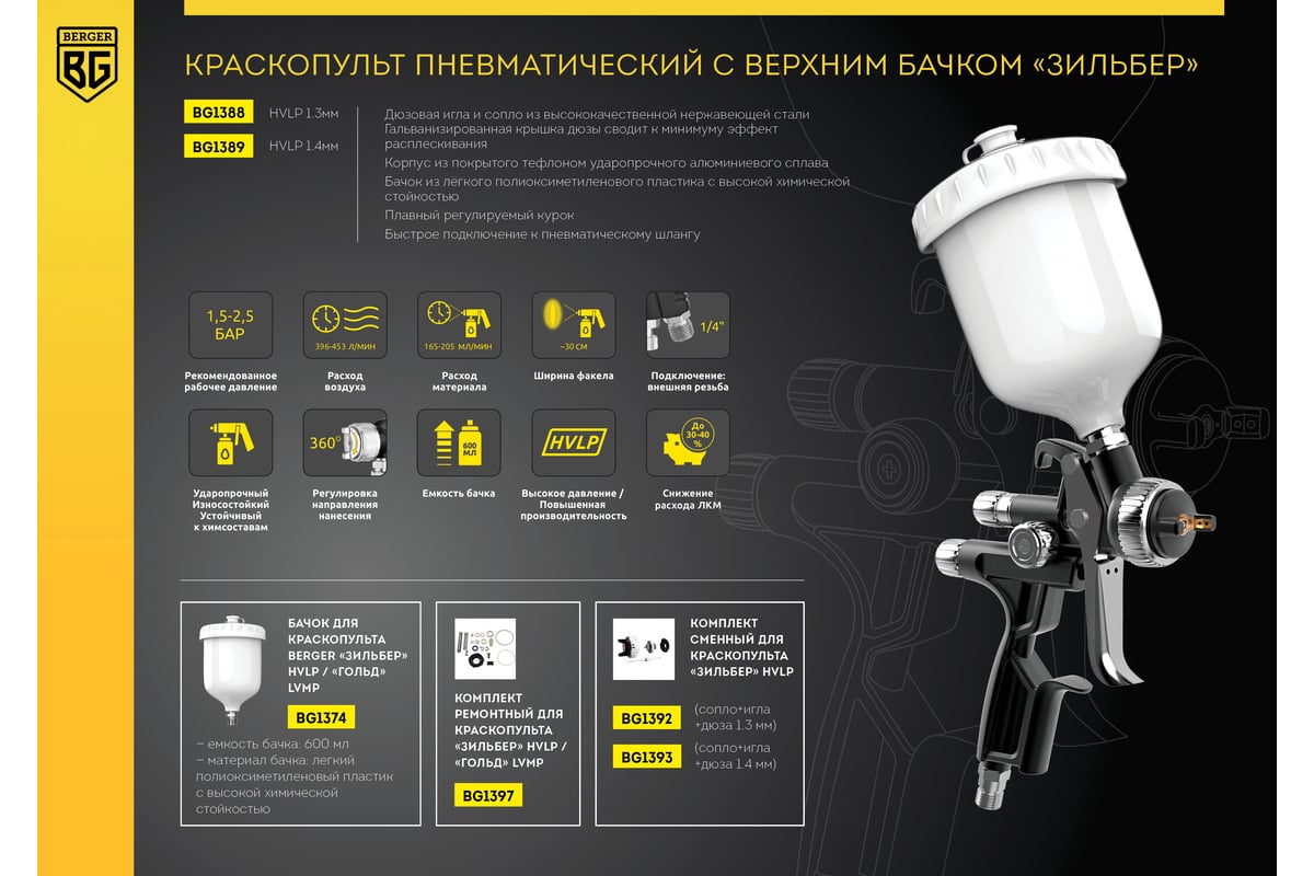 Пневматический краскопульт Berger BG ЗИЛЬБЕР HVLP, 1.3 мм BG1388
