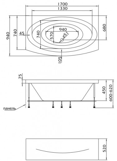 Акриловая ванна Marka One Nega 170x95