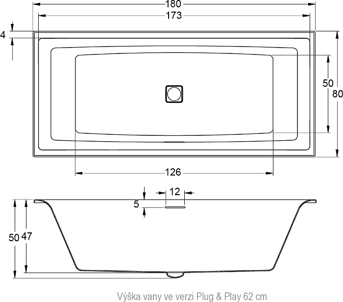 Акриловая ванна Riho Still Square Plug&Play 180x80 см R с монолитной панелью