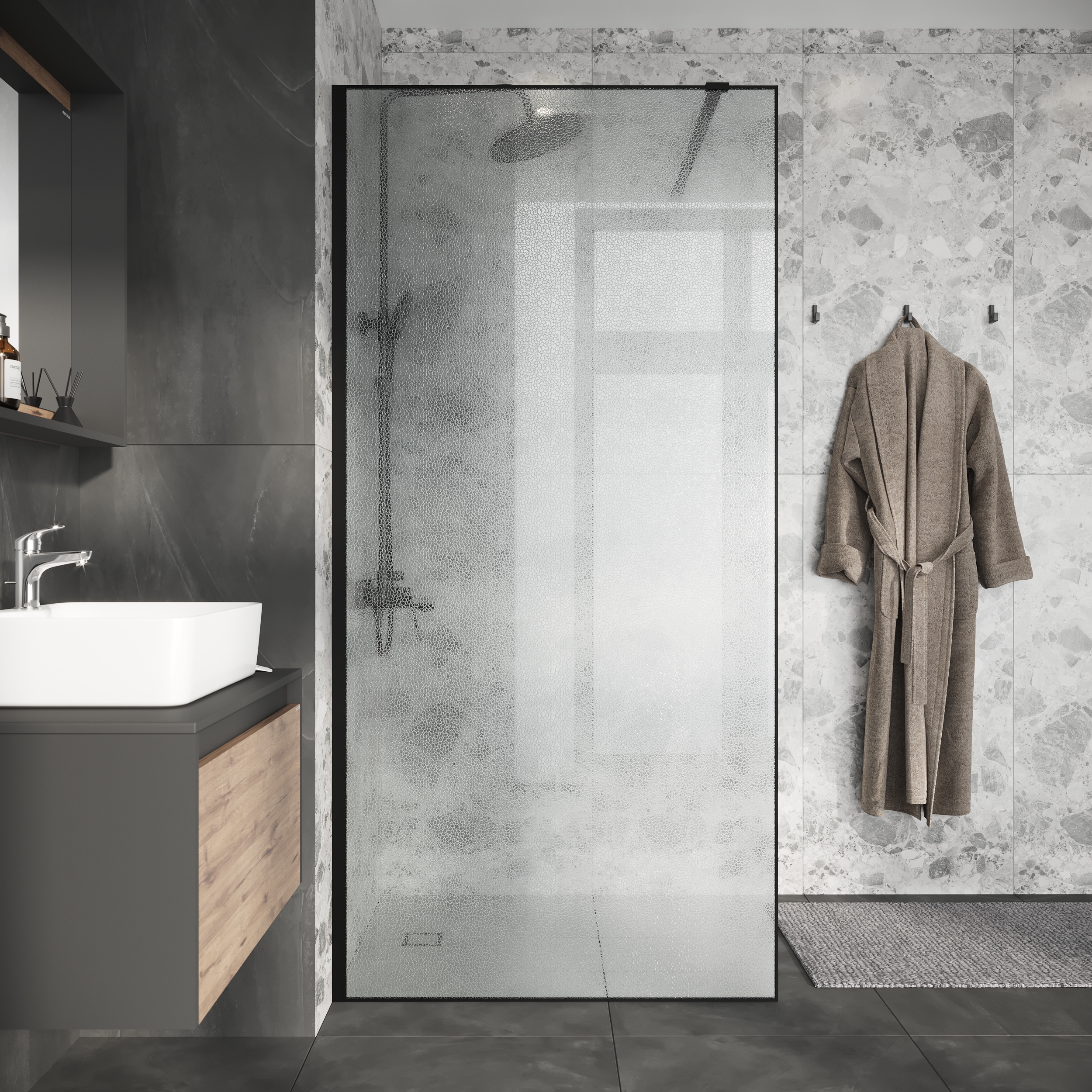 Душевая перегородка Niagara Nova NG-781-90BLACK 90x200 эффект битого стекла, профиль черный матовый