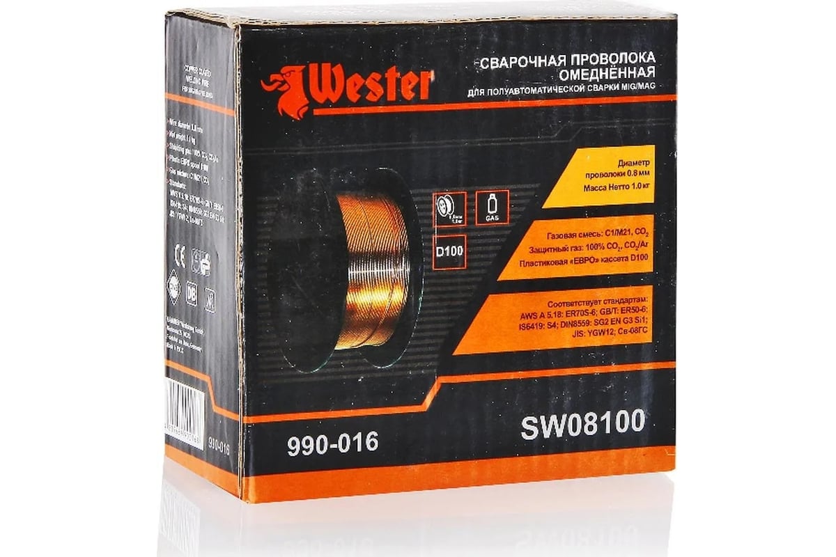 Проволока сварочная SW 08100 0.8 мм, 1 кг, омедненная, катушка Ф100 мм Wester 45590