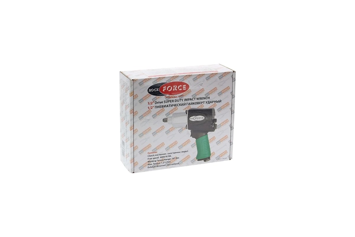 Ударный пневмогайковерт Rockforce Compact с реверсом и регулировкой усилия 1/2'' 600Hм, 8500 об/мин,6.3bar,113 л/мин,1.45кг RF-82542