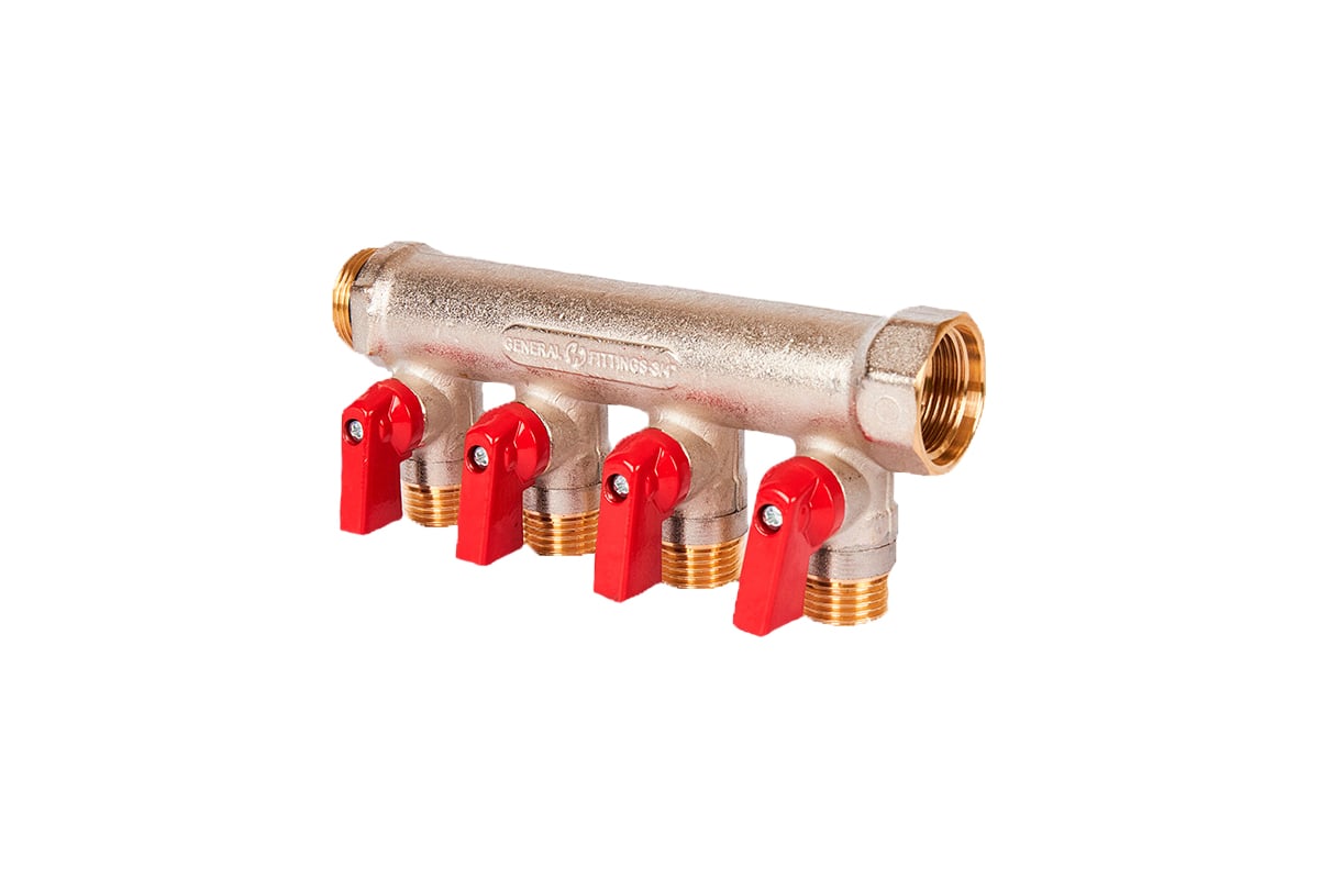 Коллектор с шаровыми кранами STOUT Smb 6210 341204 3/4", 4 отвода 1/2", красные ручки RG0091AACQND3T