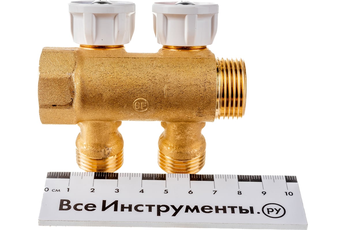 Коллектор Giacomini латунь R585C 3/4 ВР/НР на 2 выхода 1/2 НР с запорными клапанами R585CY072 040-2338
