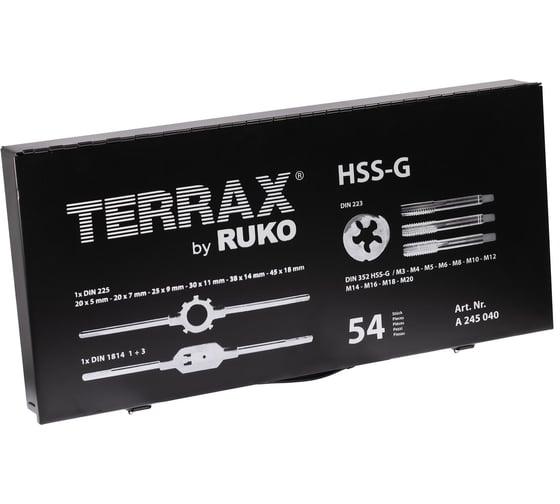 Резьбонарезной набор Terrax by RUKO M3-M20 HSS-G, 54шт A245040