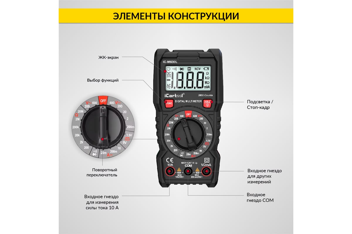 Цифровой мультиметр iCartool с подсветкой экрана, CATIII, 600 V IC-M830L