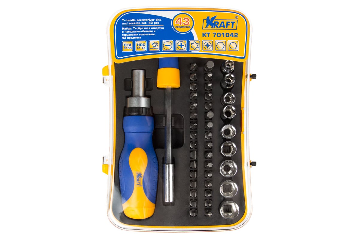 Т-образная отвертка с битами и головками 43 предмета Kraft KT 701042
