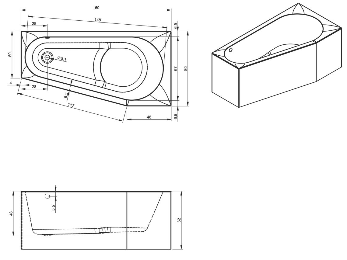 Акриловая ванна Riho Delta Plug & Play 160x80 L, с монолитной панелью
