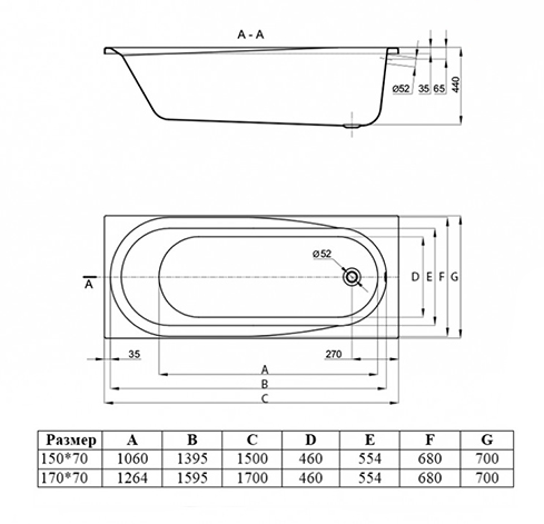 Акриловая ванна Vincea VBT-2B170 170x70 белый