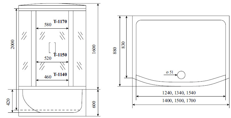 Душевая кабина Timo Standart T-1140 140x88, с г/м, тонированные стекла, хром