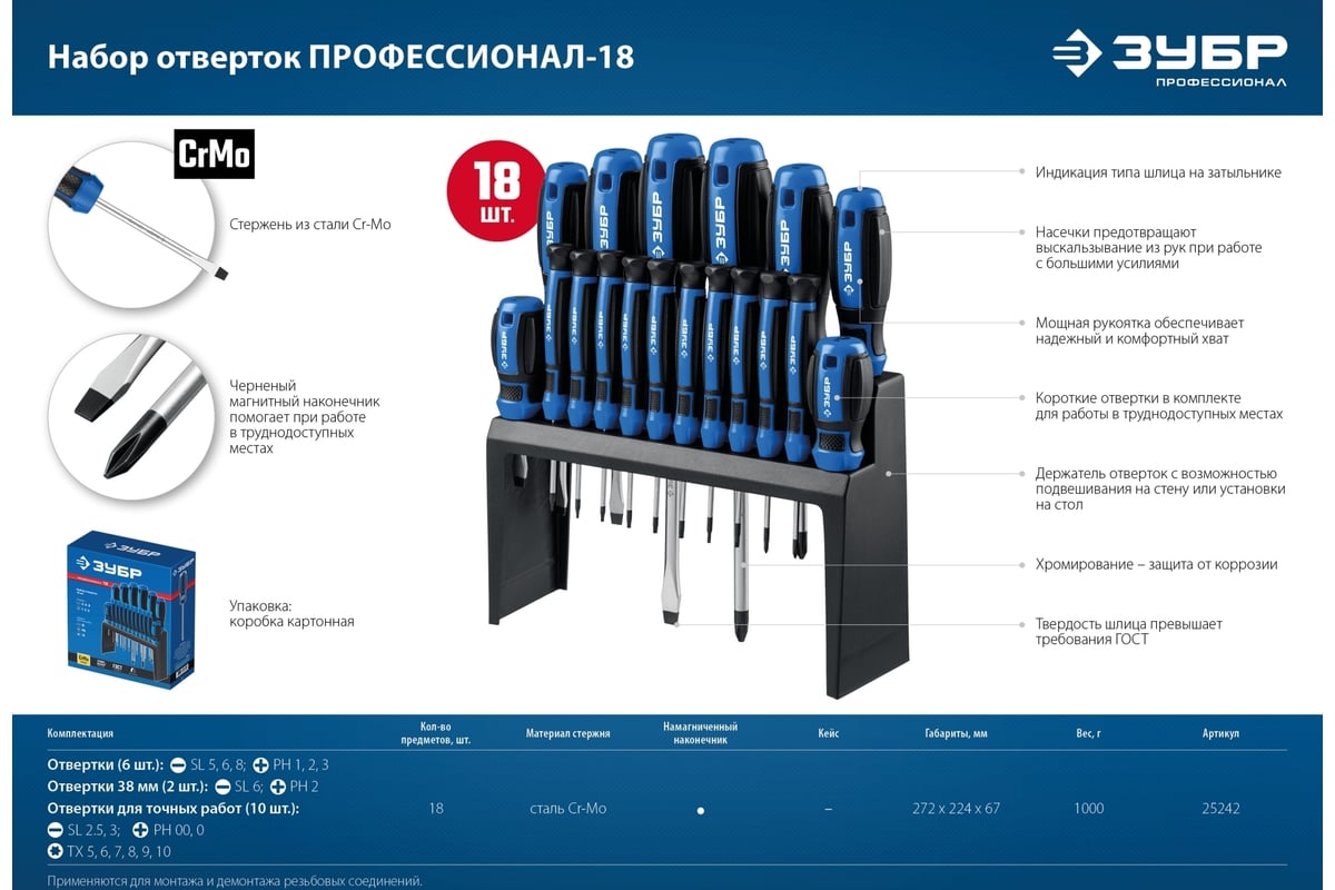 Набор отверток Зубр Профессионал-18 в держателе, 18 шт. 25242