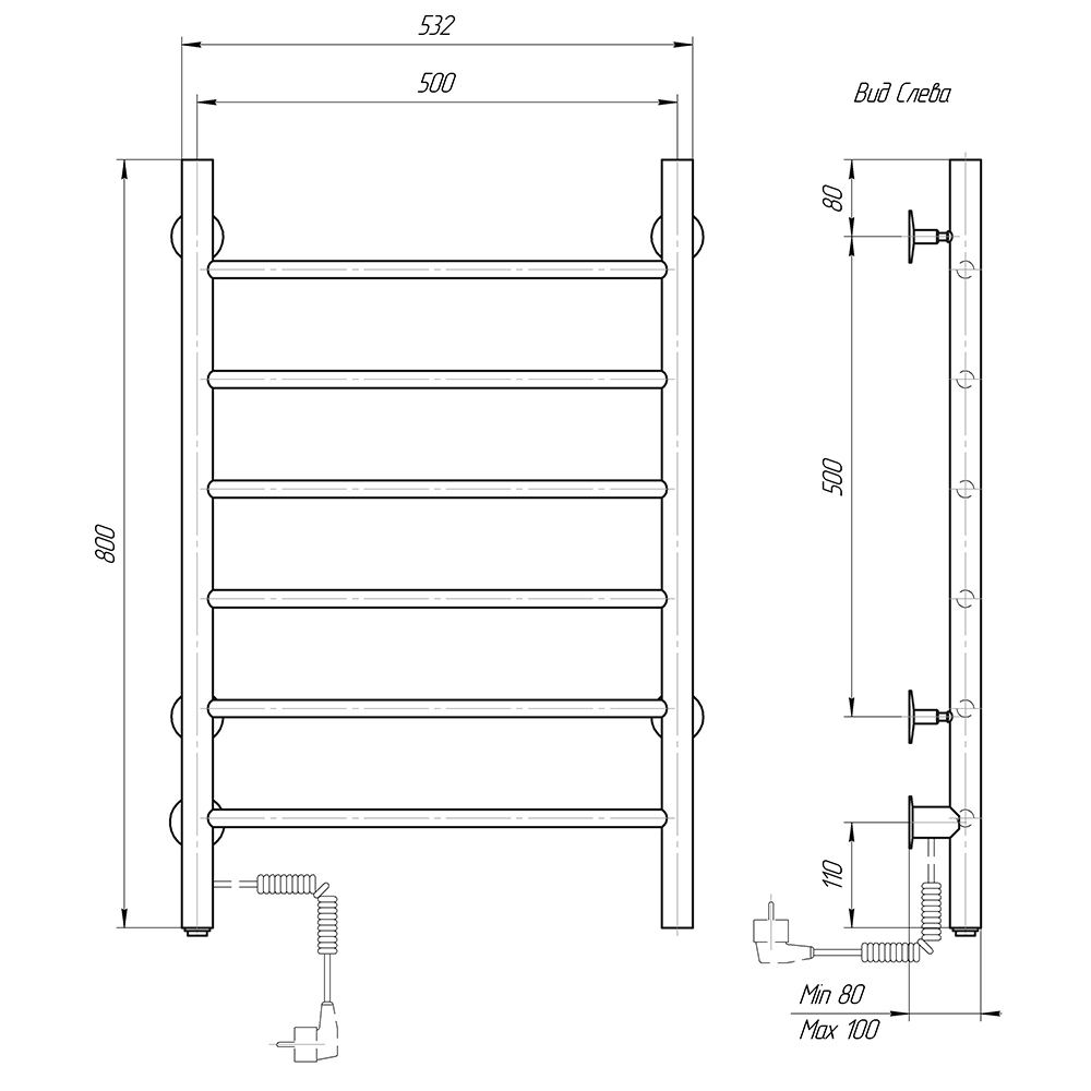 Полотенцесушитель электрический Domoterm Классик DMT 109-6 50x80 EK ТЭН слева, хром