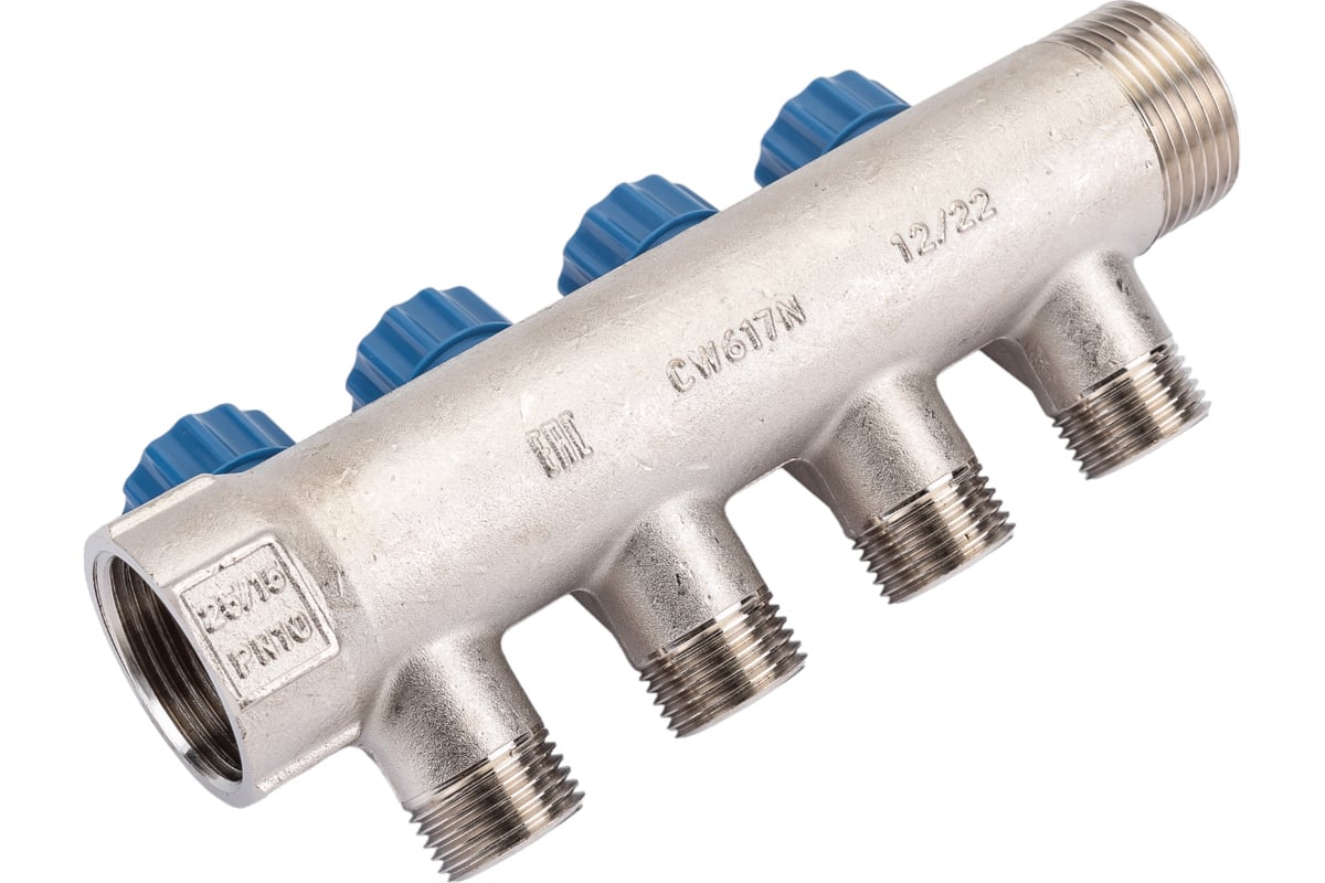 Коллектор с вентилем Valtec 4 выхода х 1х 1/2 НР, никель VTc.560.N.0604 38489