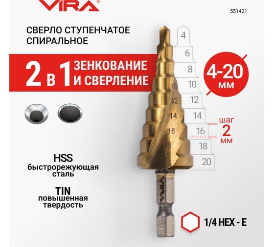 Сверло ступенчатое спиральное 4-20 мм VIRA 551421