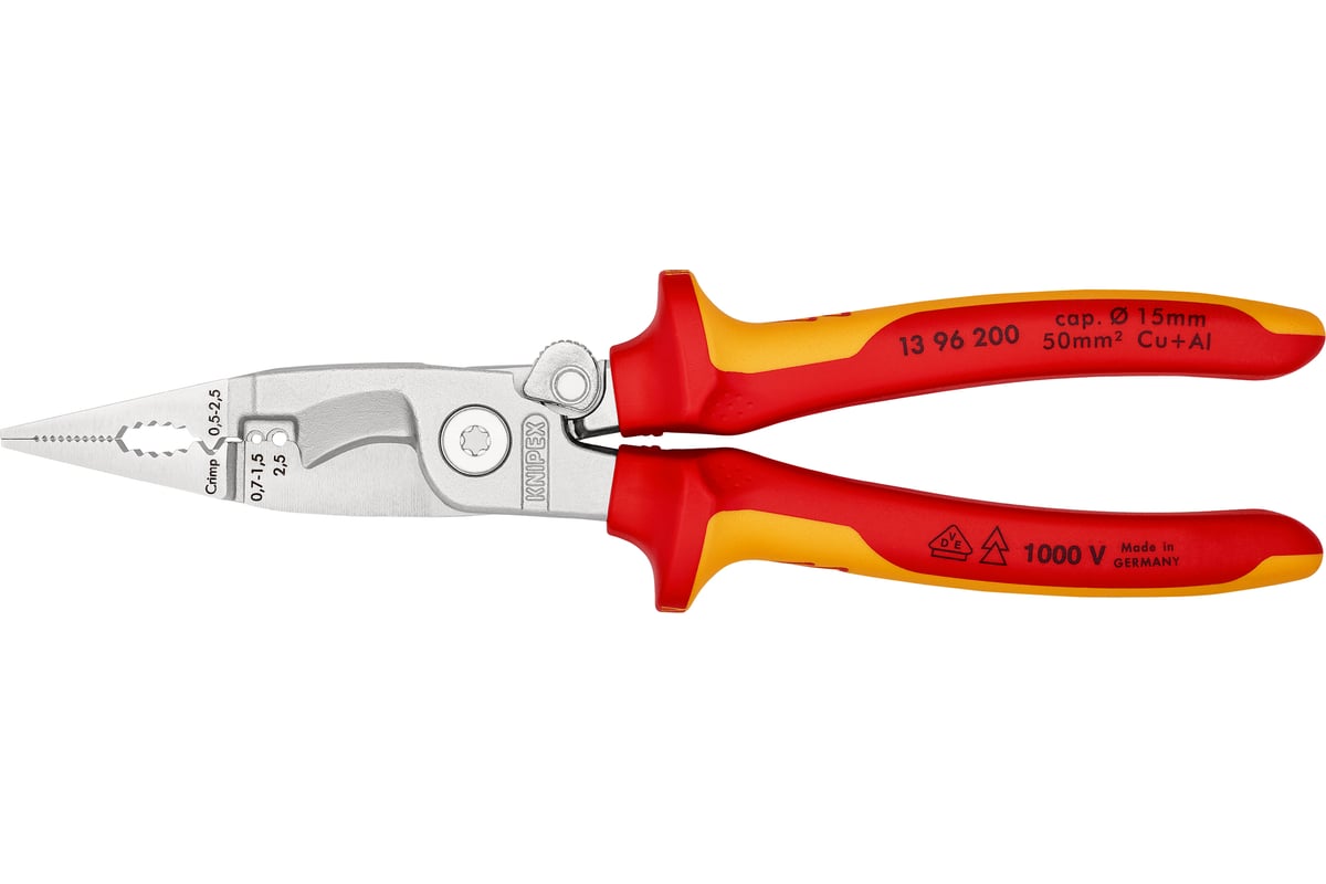 Электромонтажные клещи Knipex VDE, 6-в-1, зачистка: 0.75 - 1.5 + 2.5 мм, L-200 мм, KN-1396200SB