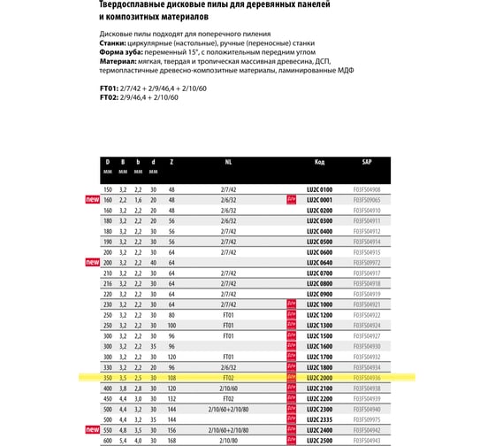 Пила дисковая Freud 350x3.5x30 мм, Z108, HM Lu2C 2000
