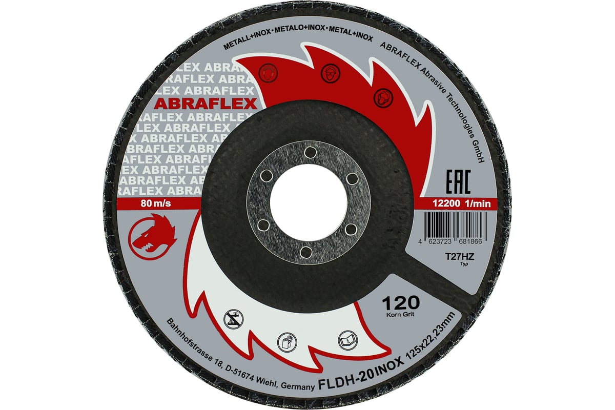 Круг лепестковый торцевой КЛТ1, 125x22.23 мм, P120, по нержавеющей стали Abraflex FLDH20INOX125P120