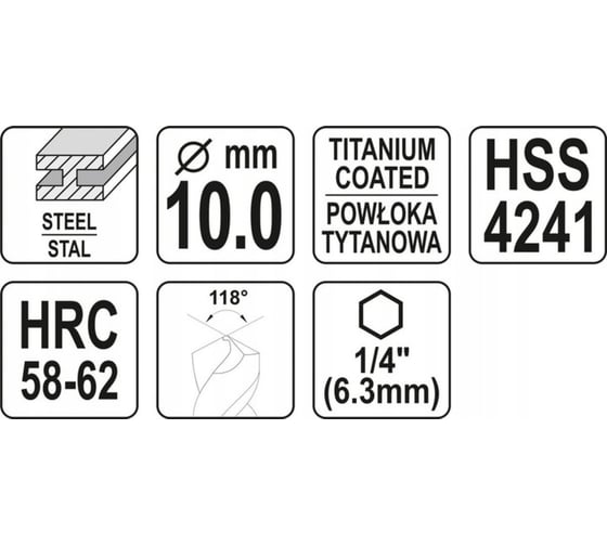 Сверло Yato фрезеровальное по металлу 10,0мм hss-tin hex YT-44828 364844828 092 1