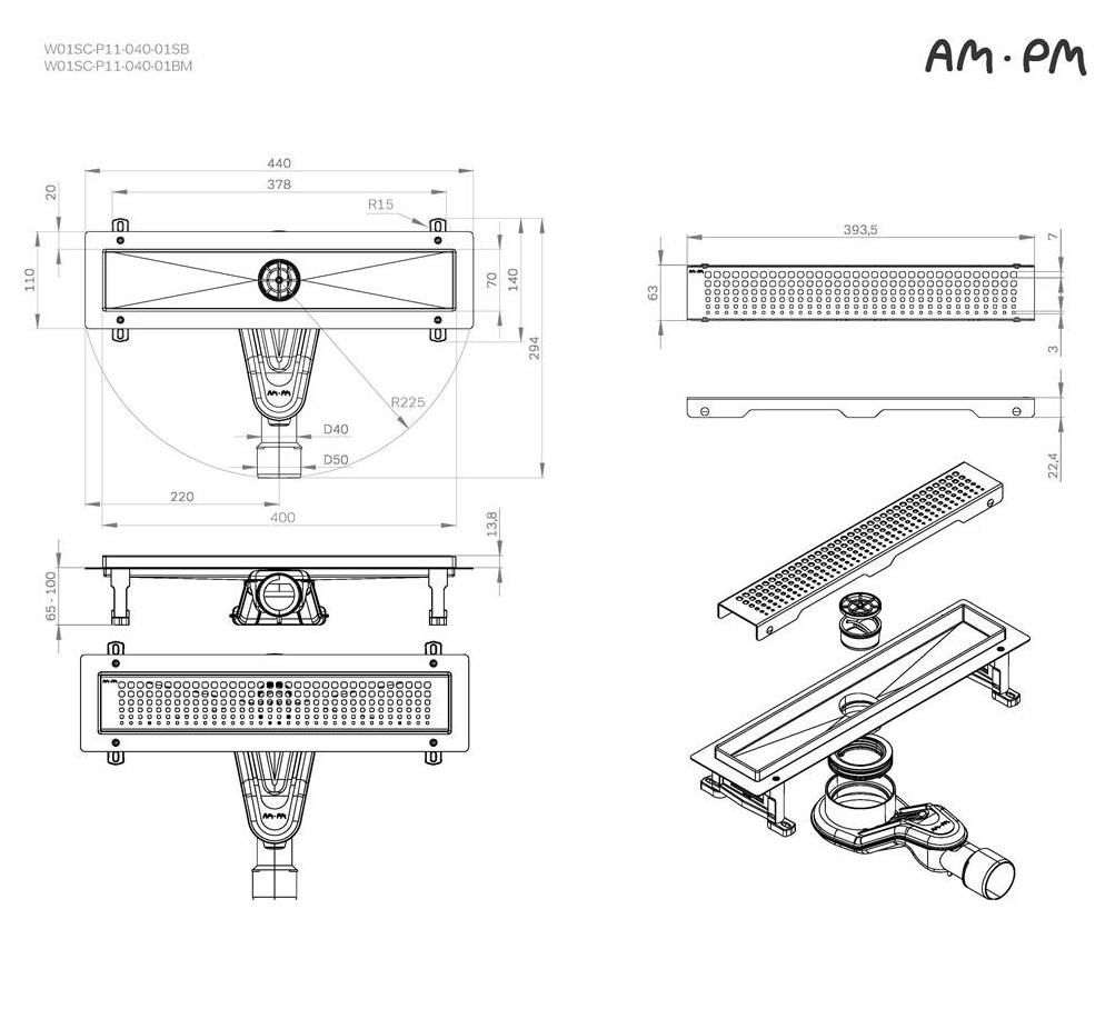 Душевой лоток Am.Pm MasterFlow W01SC-P11-040-01SB 40 см, комб.затвор, решетка хром матовый