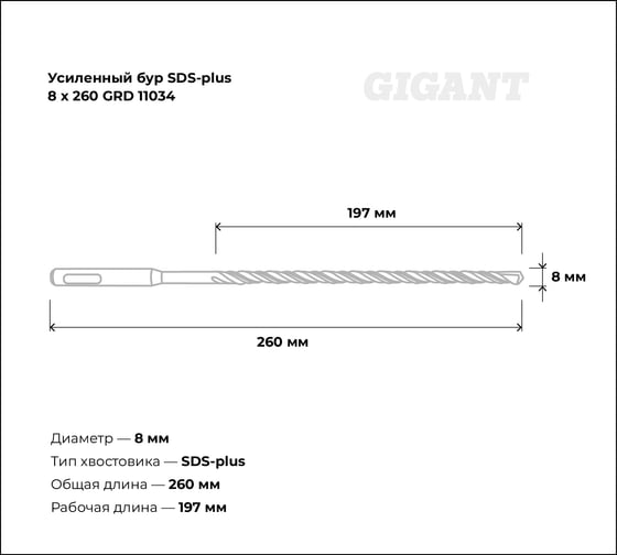 Бур усиленный по бетону SDS-plus (8x260 мм) Gigant GRD 11034