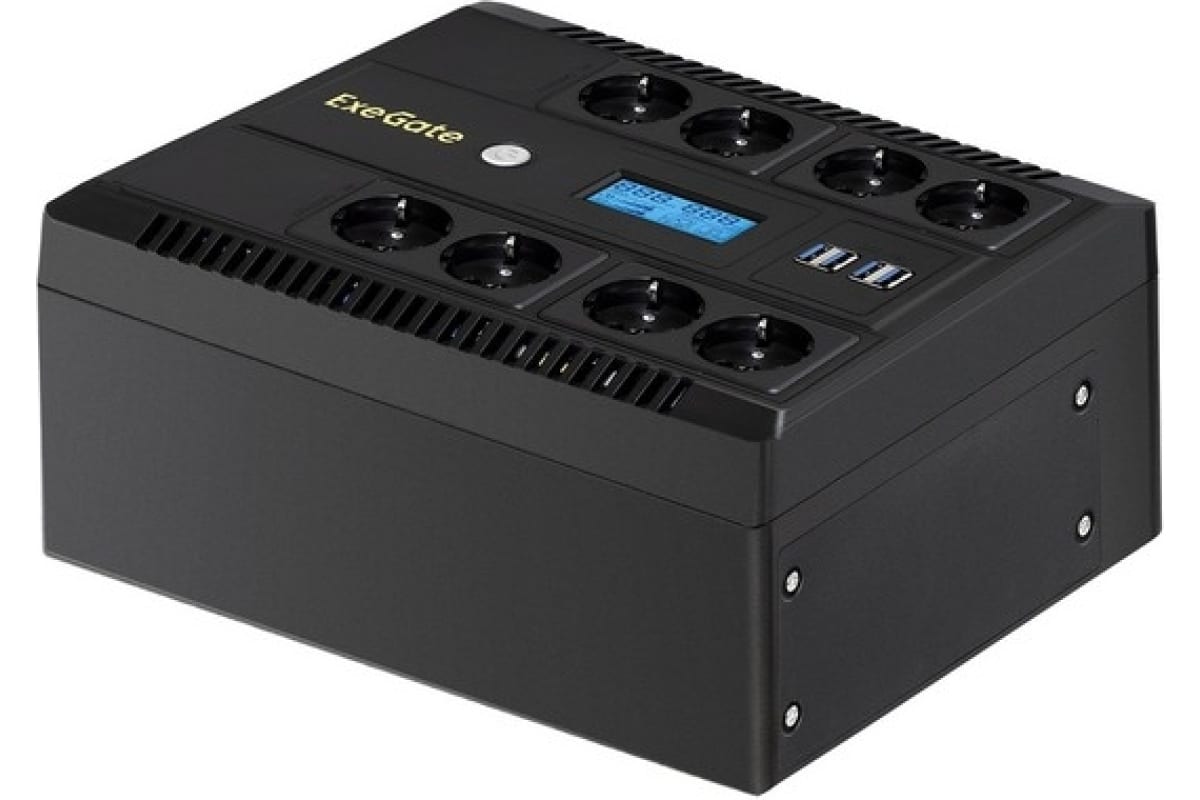 Источник бесперебойного питания Exegate NEO Smart LHB-600.LCD.AVR.8SH.CH.RJ.USB 600VA 360W, LCD, AVR, 8*Schuko, RJ45 11, USB, 4*USB-порта для зарядки, Black 293856