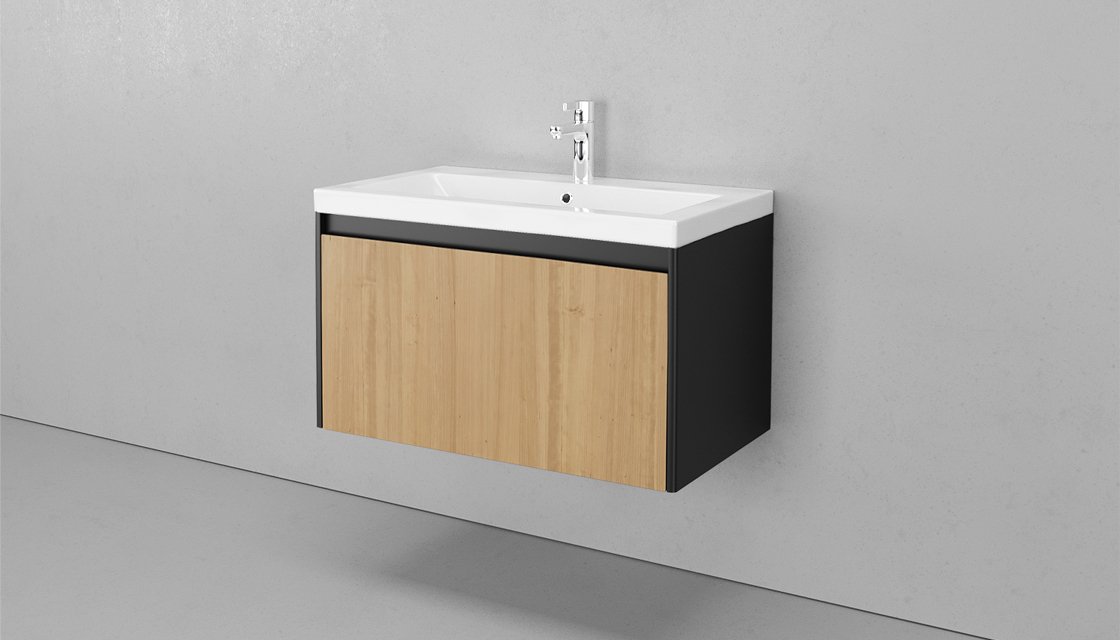 Мебель для ванной Velvex Klaufs 80 см подвесная, 1 ящик, черный матовый/дерево шатанэ