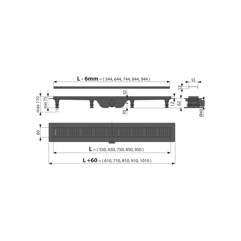 Душевой лоток Alcaplast Simple APZ10BLACK-650M 65 см, с решеткой, черный