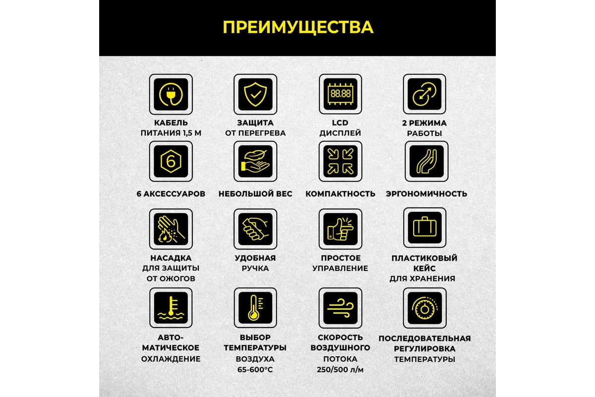 Строительный фен Technicom 65-600 °С, 250-500 л/мин, 2800 Вт, 6 аксессуаров TC-HG2800