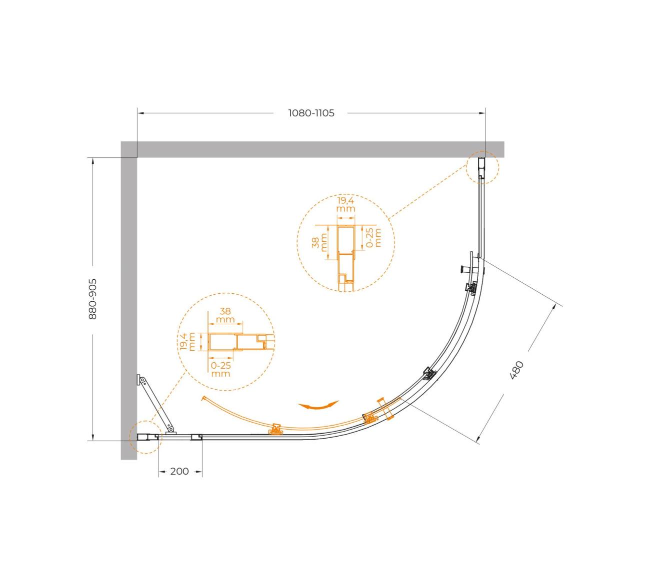 Душевой уголок Cezares MOLVENO-RH-1-110/90-C-BORO-IV 110x90 прозрачный, брашированное золото