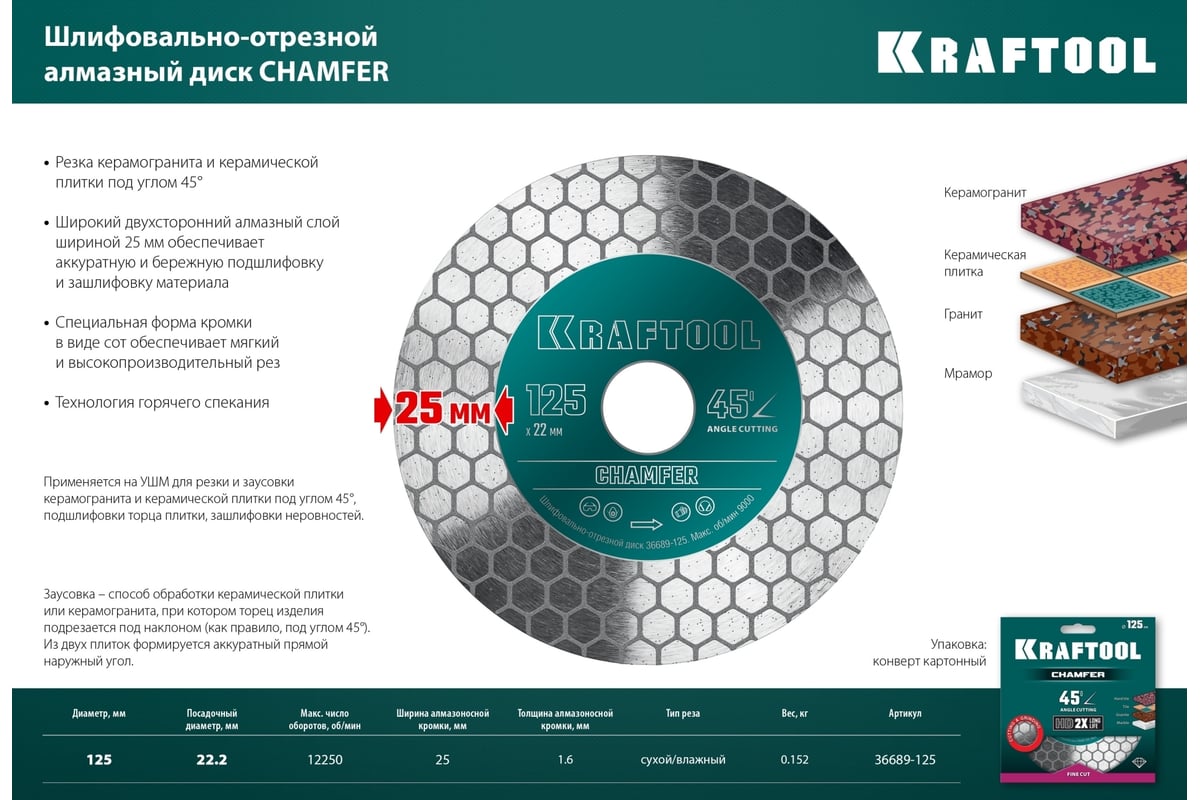 Диск алмазный шлифовально-отрезной Chamfer 125 мм Kraftool 36689-125