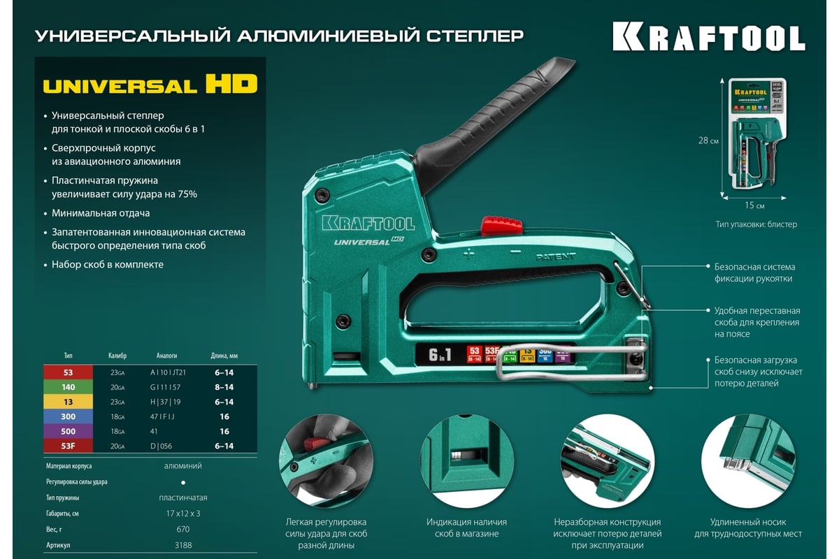 Алюминиевый cтеплер 53 (6-14мм)/140 (8-14мм)/13/ 53F/300/500 Kraftool Universal-HD 3188