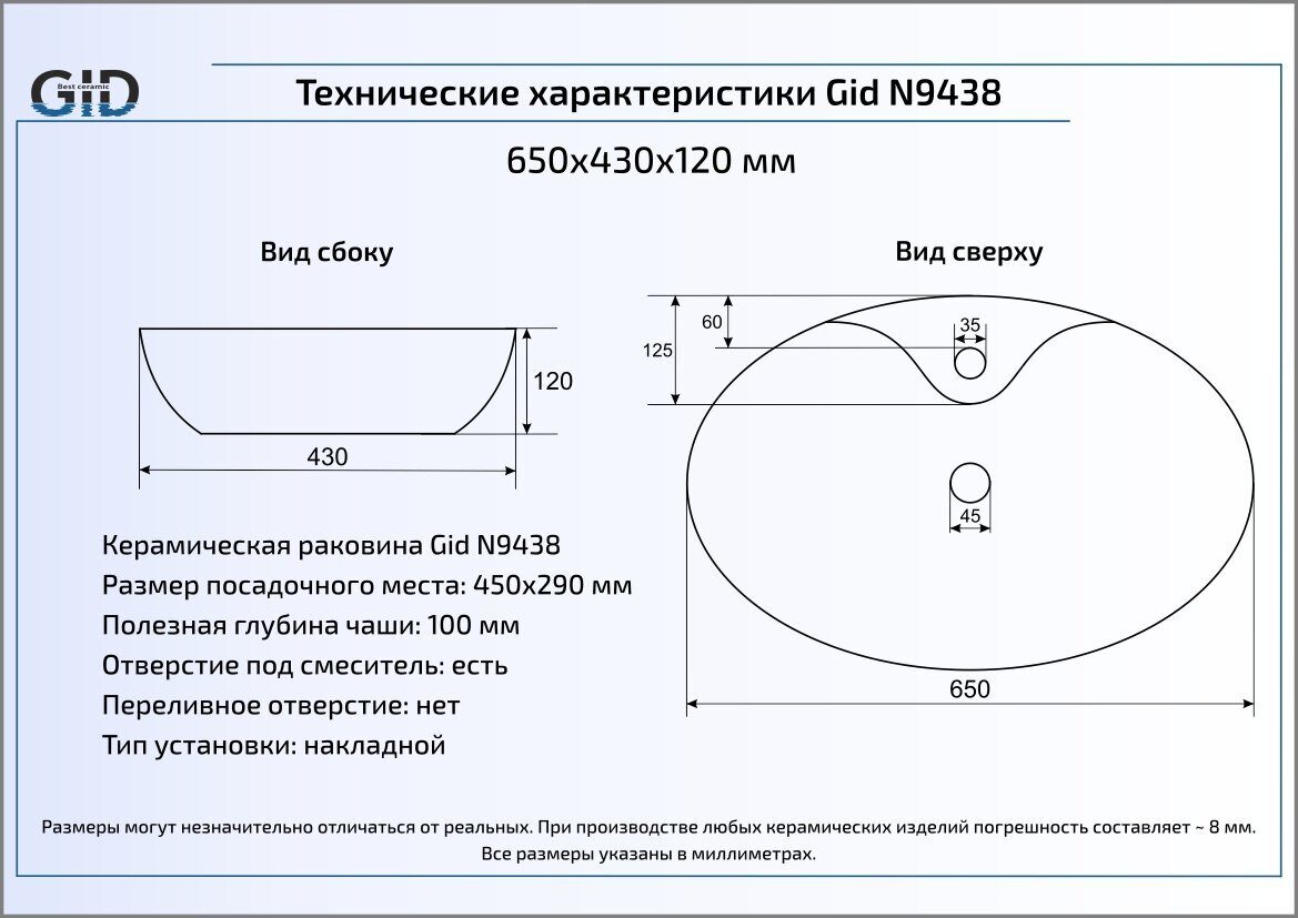 Раковина Gid N9438 65 см