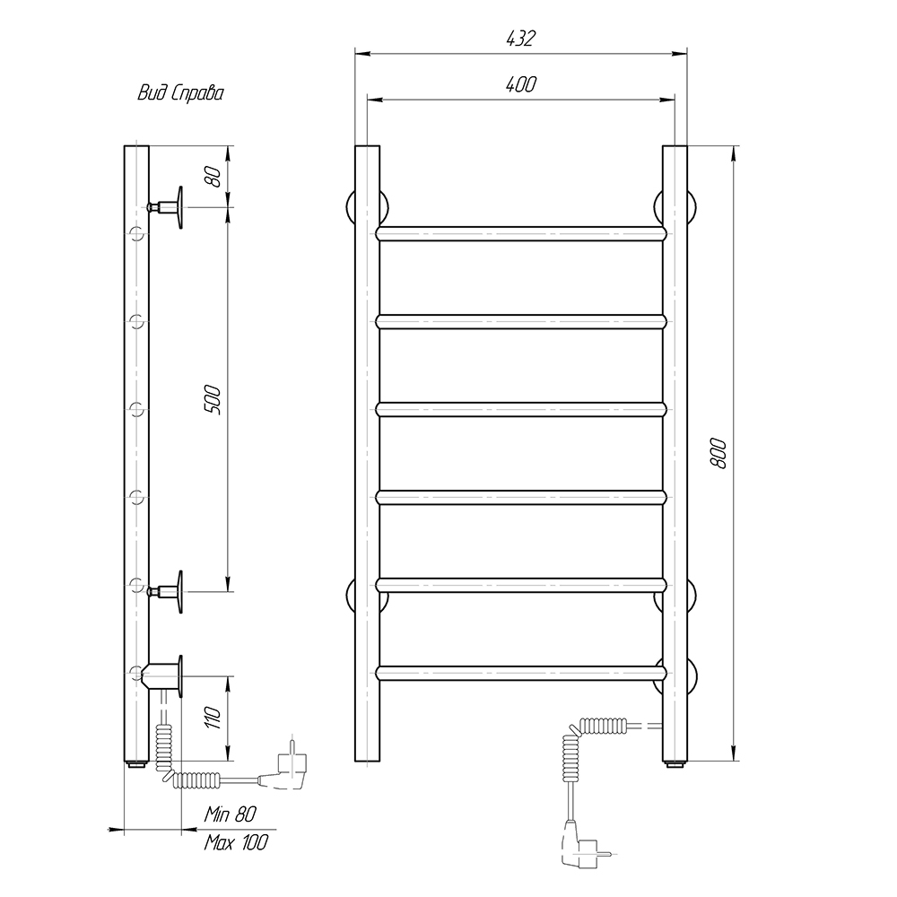 Полотенцесушитель электрический Domoterm Аврора DMT 109-6 40x80 EK ТЭН справа, хром