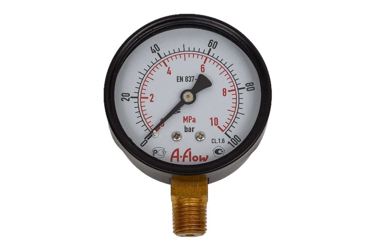 Манометр от 0 до 100 бар из углеродистой стали, D63 мм, NPT 1/4", штуцер снизу A-Flow G10-C-4N-63A-100bar
