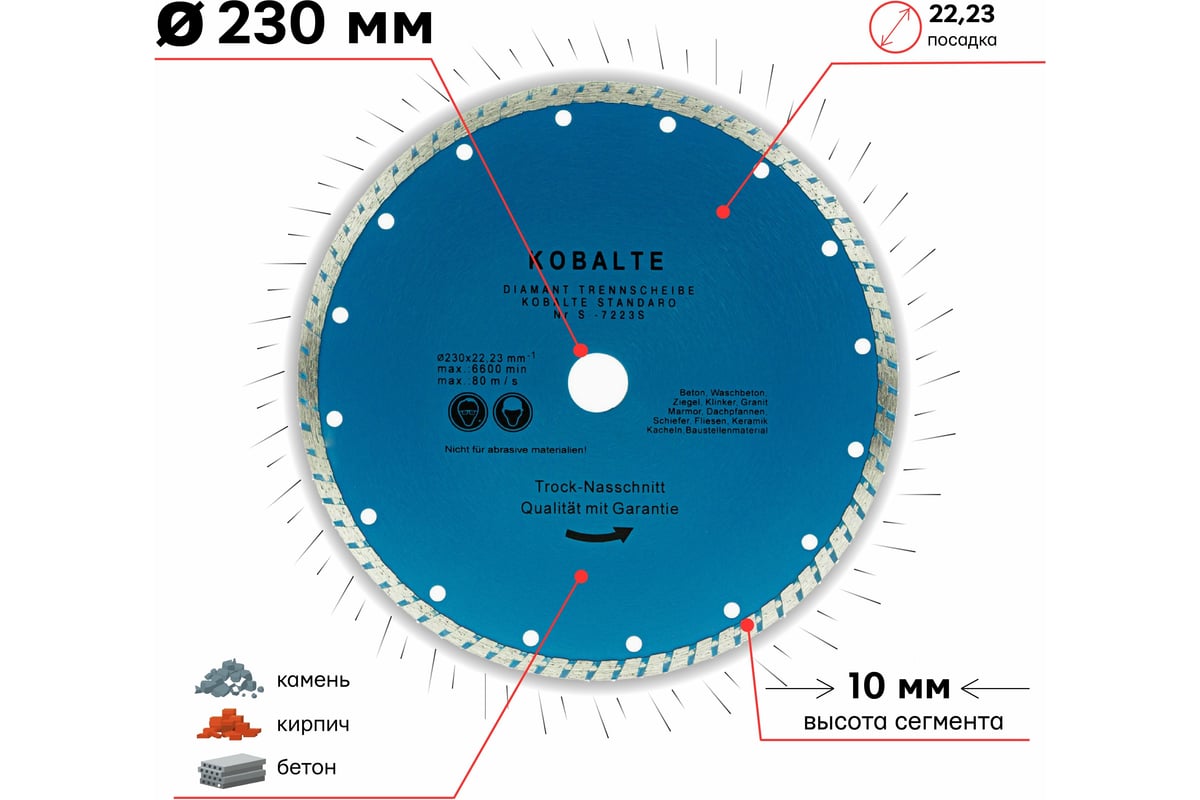Диск алмазный отрезной турбо по бетону и камню Kobalt TGS230x22.2/8x2.6мм TORGWIN S75400