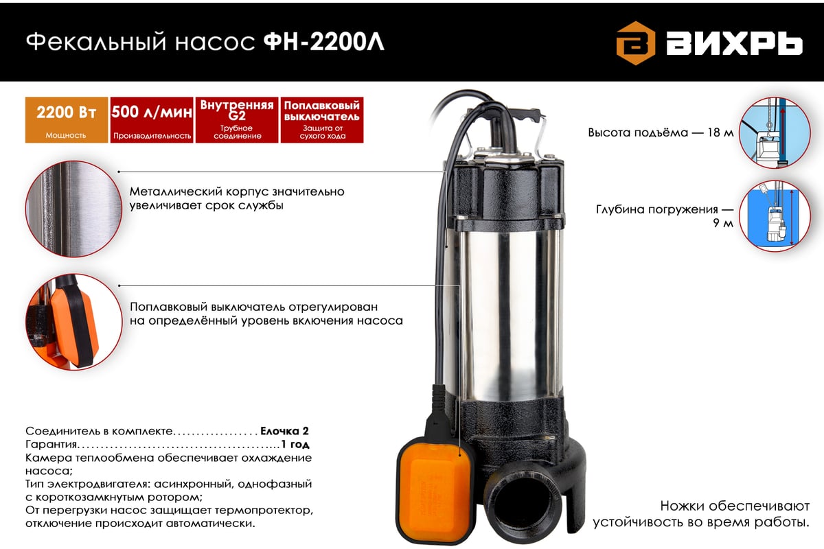 Фекальный насос Вихрь ФН-2200Л 68/5/6