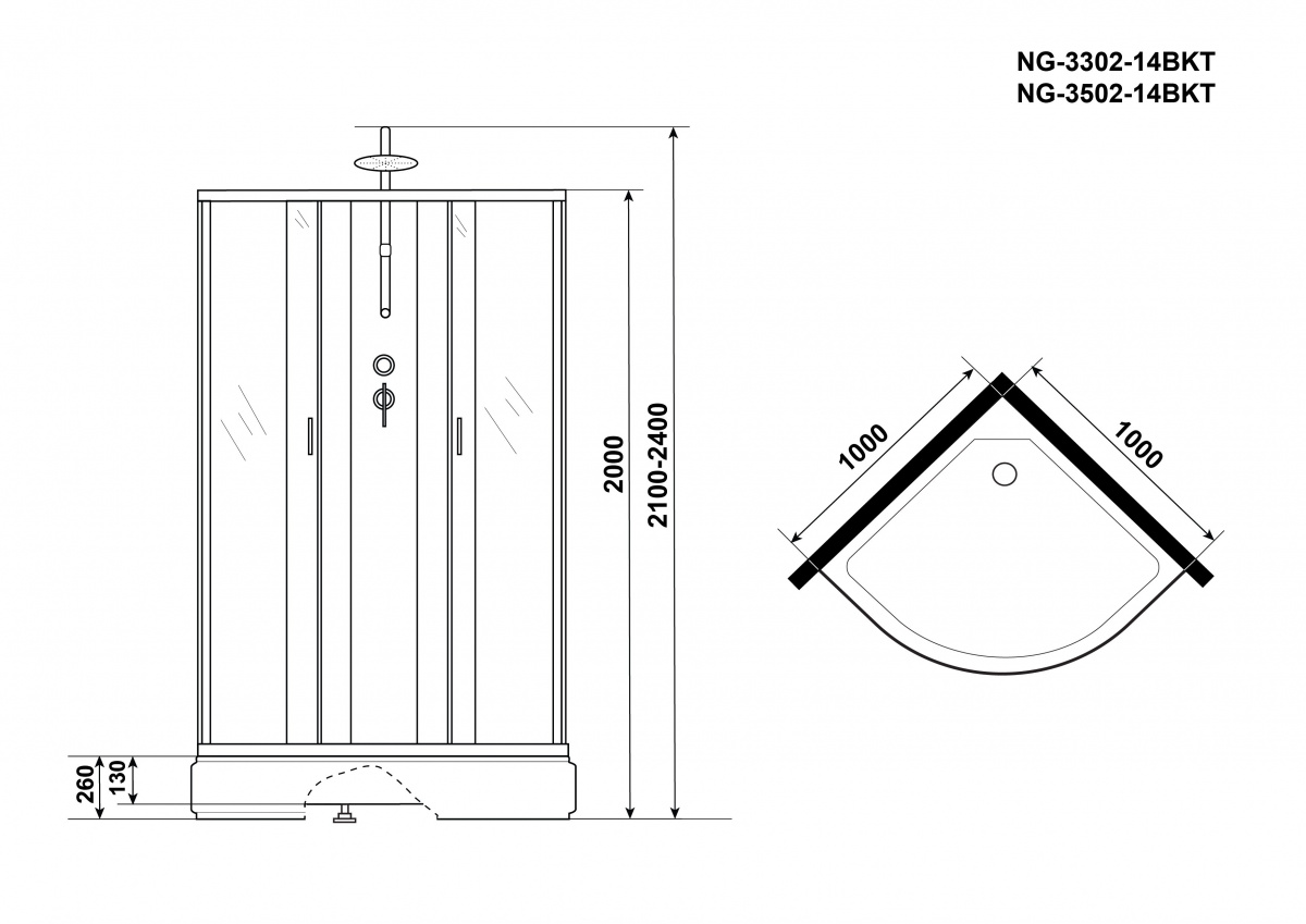 Душевая кабина Niagara NG 3502-14BKT 100x100 стекло тонированное, без крыши, тропический душ