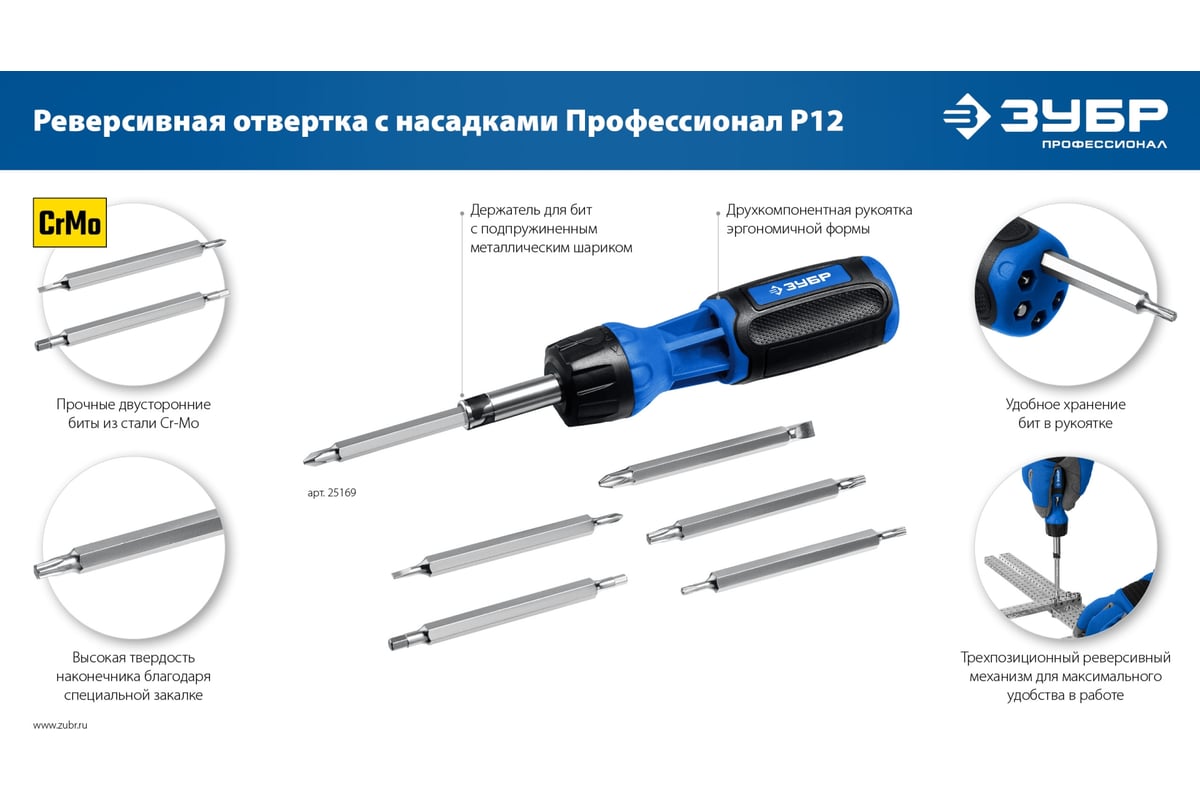 Реверсивная отвертка с насадками Зубр Профессионал-Р12 12 шлицов 25169