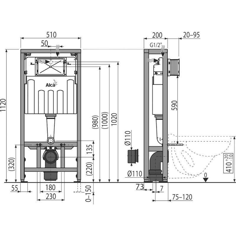 Инсталляция для унитаза AlcaPlast Solomodul AM116/1120 для сухой установки