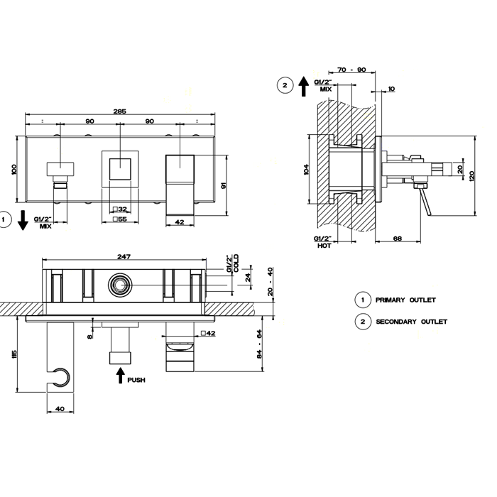 Внутренняя часть смесителя для ванны Gessi Eleganza 44639 2 выхода